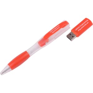 A red ballpoint pen with a removable orange flash drive. The pen has a clear barrel and features a logo.