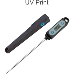A digital meat thermometer with a long stainless steel probe and a black protective cover. It features a digital display.