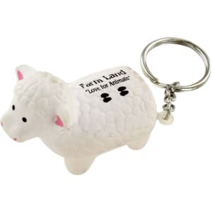 A white sheep stress reliever keyring with a silver keychain attachment. It features a textured surface and a branding logo.