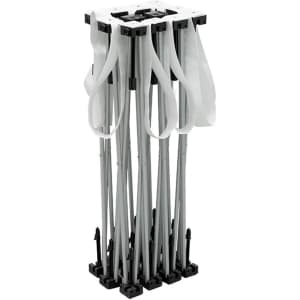 A compact assembly of a Straight Fabric Popup Display with silver poles and black connectors, featuring white fabric.