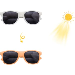 Colour changing sunglasses in white and orange frames, with dark lenses and a sun illustration in the background.