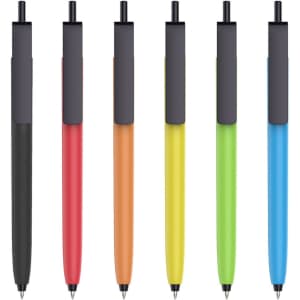 A collection of push button pens featuring black caps and coloured barrels in black, red, orange, yellow, green, and blue.