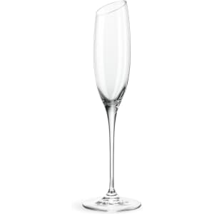 A slanted champagne glass with a clear, tall design featuring an elegant curved rim and a slim base.