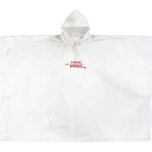 A transparent white reusable PEVA rain poncho featuring a hood and a logo on the front.