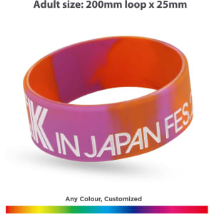 A marble coloured silicon wristband in shades of pink, orange, and purple, featuring a logo and customisable options.