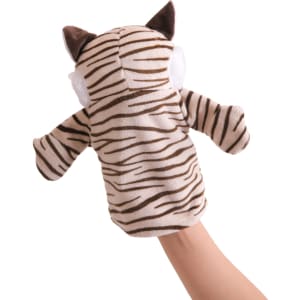 A plush tiger hand puppet with brown and white stripes, featuring cute ears and a soft texture.