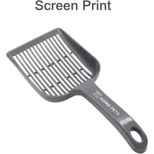 A large cat litter scoop in grey, featuring a slotted scoop design and a handle with a branding logo.