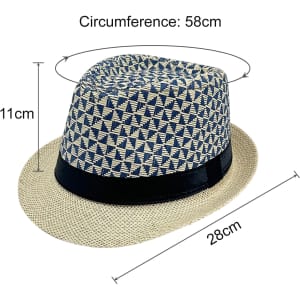 A straw woven top hat with a patterned blue crown and beige brim, featuring a black band. Includes measurements.