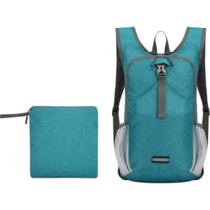 A large packable camping backpack in teal, next to a matching pouch. The backpack features side mesh pockets and a logo.