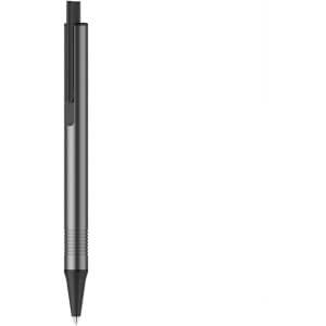 A black pen with a sleek design and a clip on the side, featuring a textured grip.