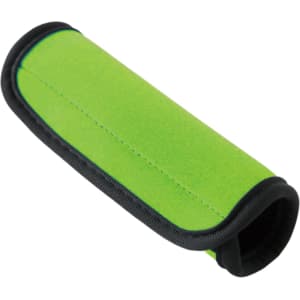 A bright green neoprene luggage grip with a black trim, designed for easy handling of luggage.