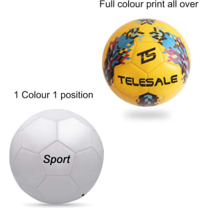 A yellow training soccer ball with colourful designs and a white soccer ball featuring the word "Sport" in black.