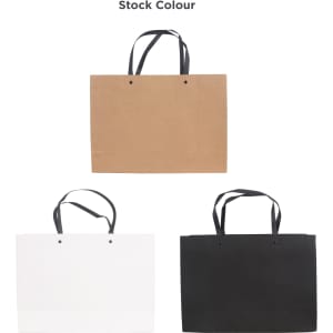 A medium paper bag with knitted handles in brown, white, and black options, featuring a logo.