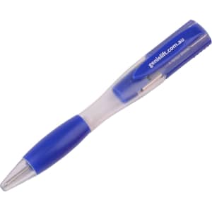 A blue ballpoint pen with a flash drive integrated into the design, featuring a logo on the body.