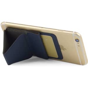 A navy PU phone stand card holder positioned at the back of a gold smartphone, featuring a card slot.