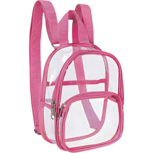 A clear mini backpack with pink straps and zippered compartments, featuring a simple design and a logo on the front.