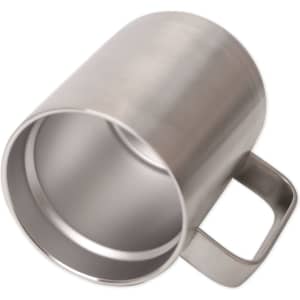 A stainless steel mug with a sleek, smooth finish and a sturdy handle. It has a simple design and no visible branding.