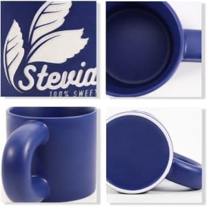 A navy blue ceramic coffee mug featuring a smooth finish and a prominent handle, with a logo on one side.