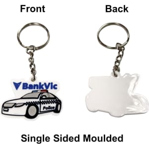 A custom shape keyring featuring a police car design in white and blue, with a metal chain and keyring attachment.