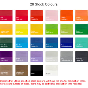 A selection of fabric swatches in 28 stock colours including red, orange, yellow, green, blue, purple, and black.