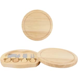 A wooden cheese board set with a circular serving board and four cheese knives, all in a light timber finish.