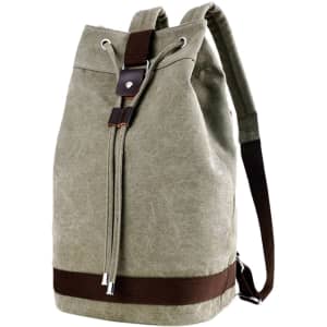 A khaki canvas bucket backpack with brown accents and adjustable straps. It features a drawstring closure and a logo.