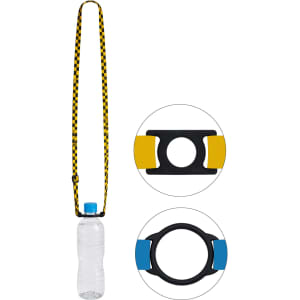 A drink bottle with a yellow and black checkered lanyard and a colourful attachment for secure carrying.