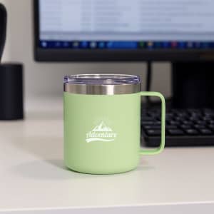 A drink bottle in pastel green with a stainless steel rim and handle, featuring a logo.