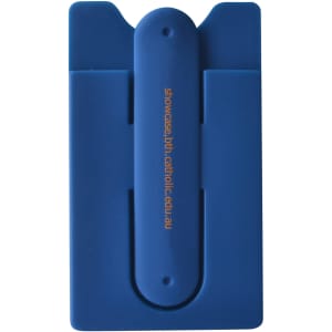 A blue Smart Wallet Stand featuring a logo, designed to hold a phone and cards securely.