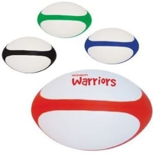 A set of four stress rugby balls in red, green, blue, and black, featuring a logo on one.