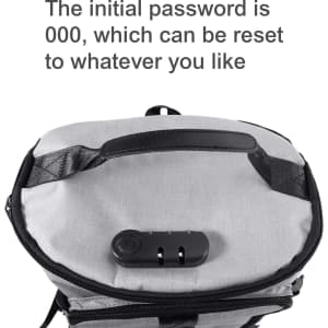 A grey convertible bucket backpack duffel bag with a zip closure and a combination lock. It features a logo.