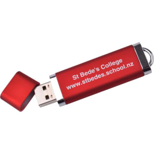 A red flash drive with a metallic finish and a removable cap, featuring a logo and website information.