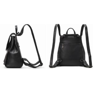 A convertible leather backpack in black, featuring adjustable straps and a zippered pocket on the back.