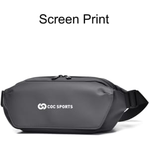 A grey fanny pack with a zip closure and an adjustable strap, featuring a small logo on the front.