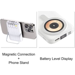 A white 10000mAh magnetic wireless power bank with a phone stand and battery level display. Features a logo.