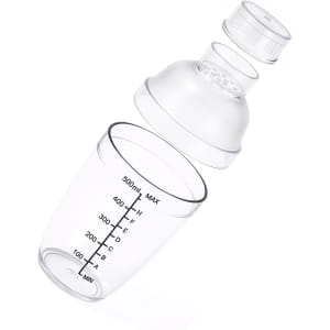 A drink bottle in clear plastic with a filter top, featuring measurement markings on the body.