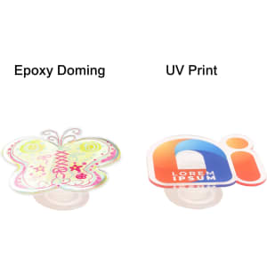 A butterfly-shaped acrylic phone pop holder and a custom-shaped holder with a multicoloured design, both with a clear base.