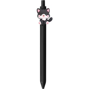 A black pen with a cute cat design on the top and a logo on the barrel.