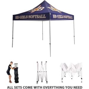 A 3x3m regular marquee with a dark blue canopy and a logo, featuring extendable legs and accessories for setup.