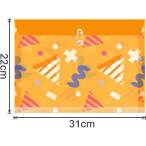 A rope-fastened folder in orange with a playful pattern of shapes and party hats, measuring 31cm by 22cm.
