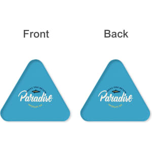 A triangular clear acrylic coaster in bright blue featuring a logo on one side.
