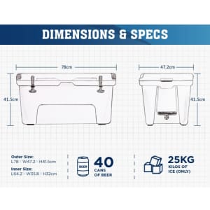 A white 65L cooler box with dimensions and specifications outlined, featuring branding and illustrations for usability.