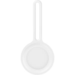 A white Air Tag protective case with a loop for attachment. The design is simple and smooth, featuring a circular shape.