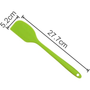 A green spatula with a flat head and a long handle, measuring 27.7 cm in length. Features a logo.
