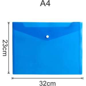 A4 clear file envelope in blue, featuring a button closure and dimensions of 32cm by 23cm. Includes branding.