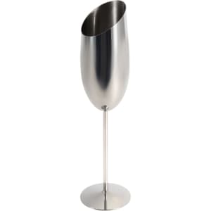A stainless steel slanted champagne flute with a sleek, modern design. It features a circular base and a shiny finish.