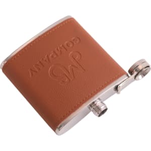 A drink bottle in brown leather with a stainless steel cap and a logo on the side.