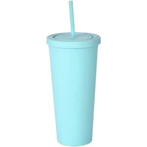 A drink bottle in a light turquoise colour, featuring a lid and a straw. It has a logo on the bottle.