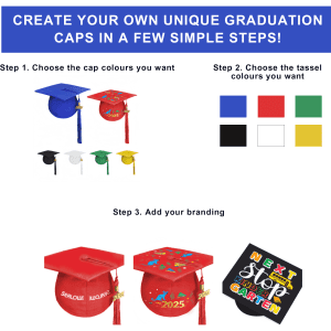 A selection of colourful mortarboard graduation caps in blue, red, green, and yellow, with various tassel colour options.