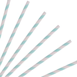 A collection of straight, disposable 3-ply paper straws in light blue and white stripes against a white background.